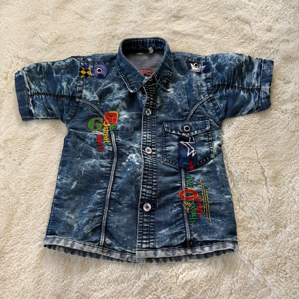 Vintage Y2K Toddler Washed Denim Shirt Tie Dye Embroidered Patches 2T-3T